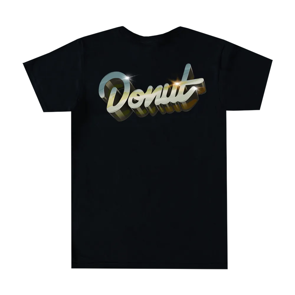 Black Donut Media t-shirt with a large chrome script logo across the chest
